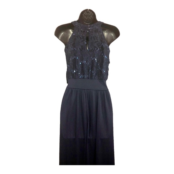 Dark blue sequin halter sheer chiffon faux wrap maxi evening dress gown size 10 - Picture 14 of 15